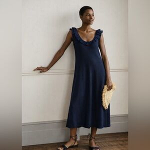 BODEN Blue Ruffle Neck Knit Sleeveless Midi Dress Coverup Linen Blend US 16-18R